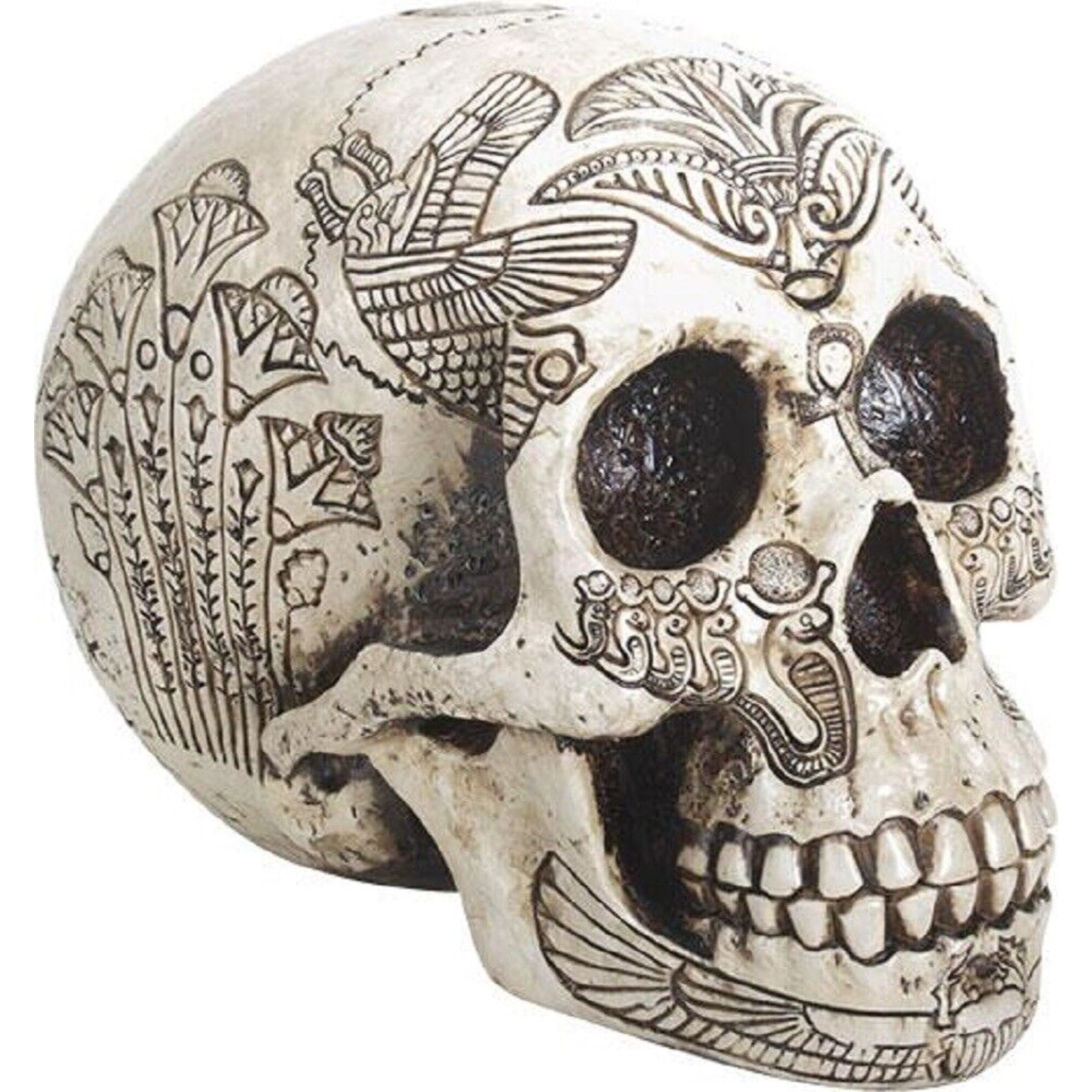 Ancient Egypt Human Skull Etched with Egyptian Symbols Figurine